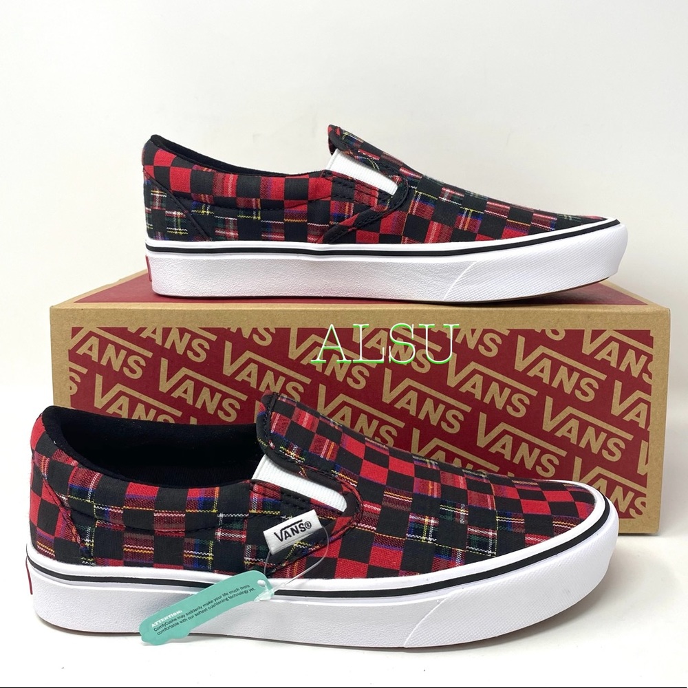 Vans Comfycush Slip On Canvas Plaid Check Red Wome - Picture 2 of 9